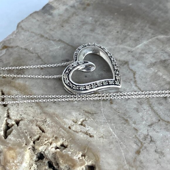 Sterling Silver 925 AFJC Diamond Asymmetric Heart Pendant Necklace 18" Chain - Picture 6 of 16